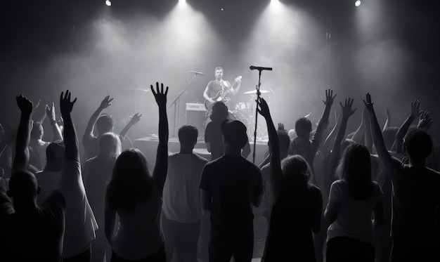 La folla applaude a un concerto di musica dal vivo immagine in bianco e nero