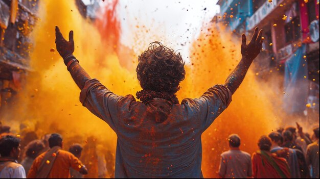 La folla del festival dei colori di Holi lancia polvere dai colori vivaci Celebrazione delle vacanze indù