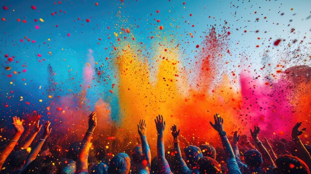 La folla del festival dei colori di Holi lancia polvere dai colori vivaci Celebrazione delle vacanze indù