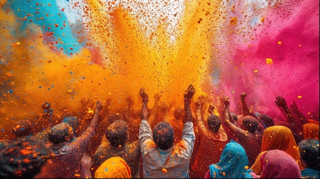 La folla del festival dei colori di Holi lancia polvere dai colori vivaci Celebrazione delle vacanze indù