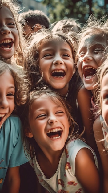 La folla di bambini che ridono in una giornata estiva è commovente e rappresenta la pura gioia e lo spirito spensierato dell'IA generativa dell'infanzia