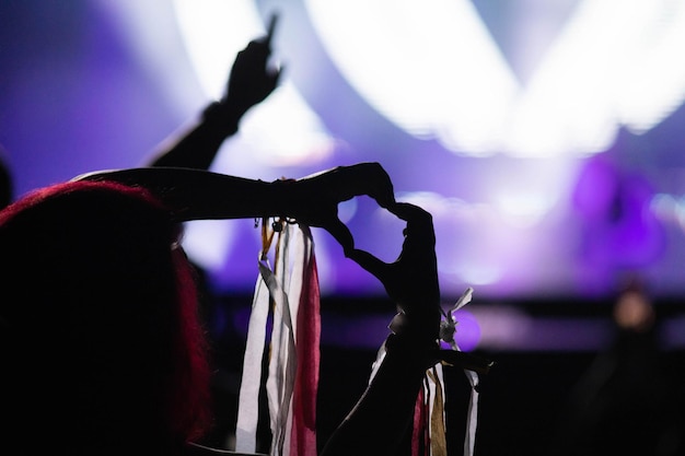 La folla festeggia il palcoscenico illumina il festival musicale estivo di concerti dal vivo