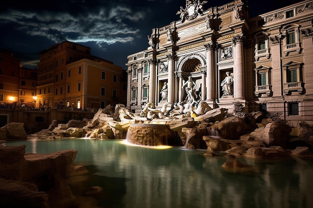 La fontana di trevi di notte con la luna alle spalle