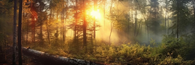 La foresta al mattino in una nebbia al sole gli alberi in una foschia di luce la nebbia luminosa tra gli alberi
