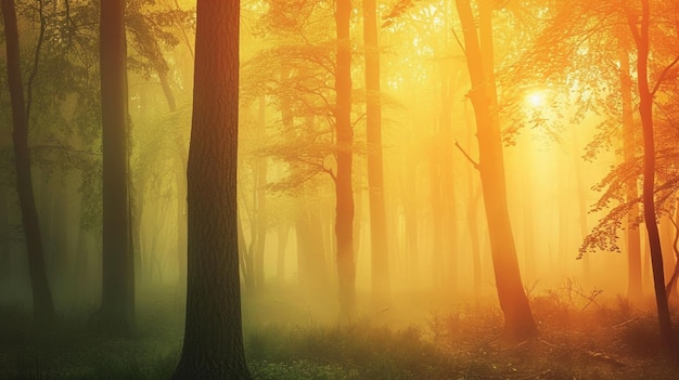 La foresta al mattino in una nebbia al sole gli alberi in una foschia di luce nebbia luminosa generativa Ai