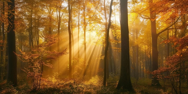 La foresta autunnale rivela la sua vivida bellezza durante i momenti tranquilli del mattino