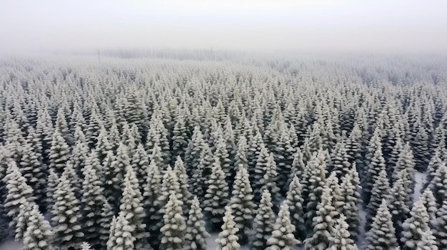La foresta di pini coperti di neve dall'alto