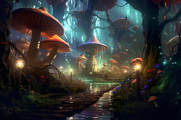 La foresta è illuminata da funghi e fiori nello stile di un'opera d'arte fantasy realistica strada fantastica smeraldo scuro e ciano chiaro AI Generativo