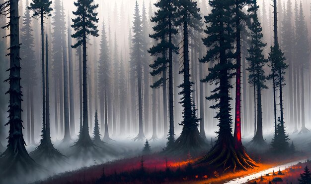 La foresta eterea Alberi ad alto fusto che crescono in un nebbioso raggio di luce IA generativa post elaborata di alta qualità