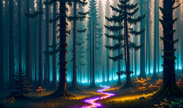 La foresta eterea Alberi ad alto fusto che crescono in un nebbioso raggio di luce IA generativa post elaborata di alta qualità