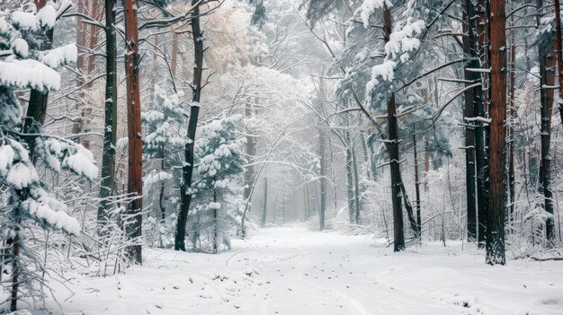 La foresta invernale è ghiacciata e coperta di neve con alberi coperti di bianco