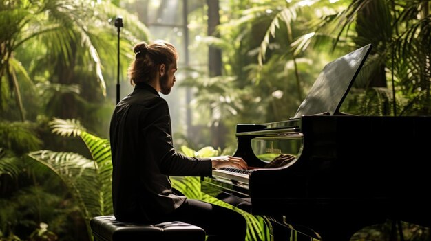 La foresta pluviale circondata da un pianista che suona una melodia armoniosa della natura