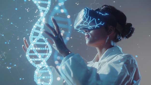 La formazione e la pratica virtuali degli operatori medici Una donna medico genetista che utilizza modelli ologrammi 3D di catene di DNA su uno sfondo grigio Un collage digitale