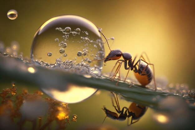 La formica mangia il waterdrop sullo sfondo della natura Macro Zoom