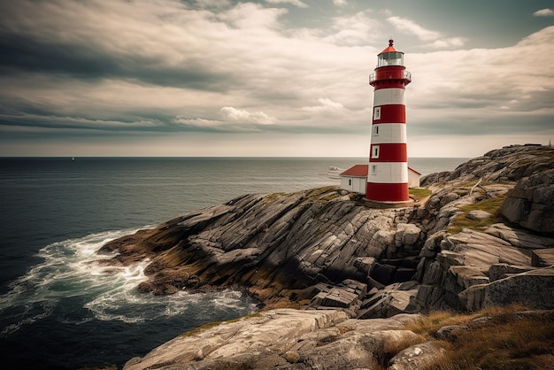 La forza e la bellezza di una torre faro arroccata su una scogliera rocciosa IA generativa