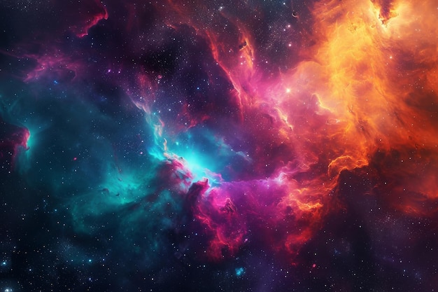 La foto cattura uno spazio vibrante pieno di stelle e nuvole che mostra una scena celeste dinamica Nebulosa spaziale colorata progettata in forma astratta Generata dall'IA