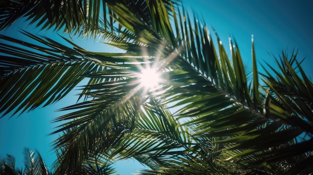 La foto dei raggi del sole che passano attraverso la lussureggiante palma verde lascia il fondo del concetto di estate della spiaggia