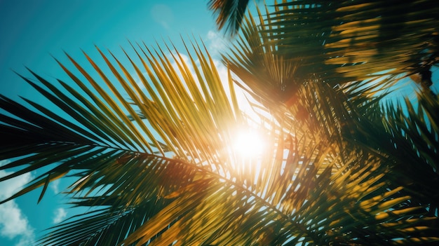 La foto dei raggi del sole che passano attraverso la lussureggiante palma verde lascia il fondo del concetto di estate della spiaggia