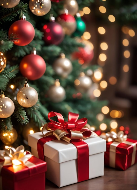 La foto dell'albero di Natale e le confezioni regalo presentano le luci di Natale Felice anno nuovo