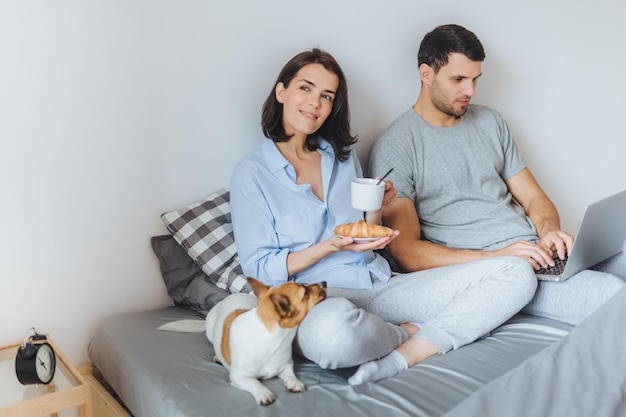 La foto di una donna allegra beve il caffè con il croissant siede a gambe incrociate con un'espressione sognante fa colazione a letto e il marito dell'animale domestico si siede vicino alle tastiere sul computer portatile