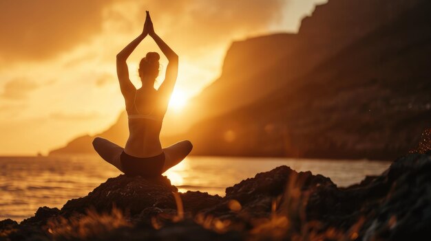 La foto di una donna giovane o adulta che fa yoga in natura aigx