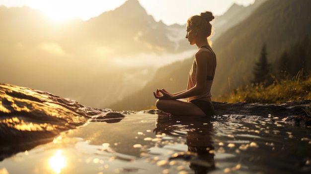 La foto di una donna giovane o adulta che fa yoga in natura aigx