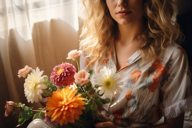 La foto di una gioiosa giovane donna positiva e sbalorditiva tiene Bouquet