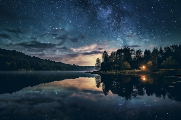 la foto presenta la vista magica di una Via Lattea e un lago