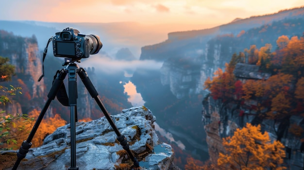 La fotocamera e il treppiede dei fotografi che si affacciano su un paesaggio maestoso