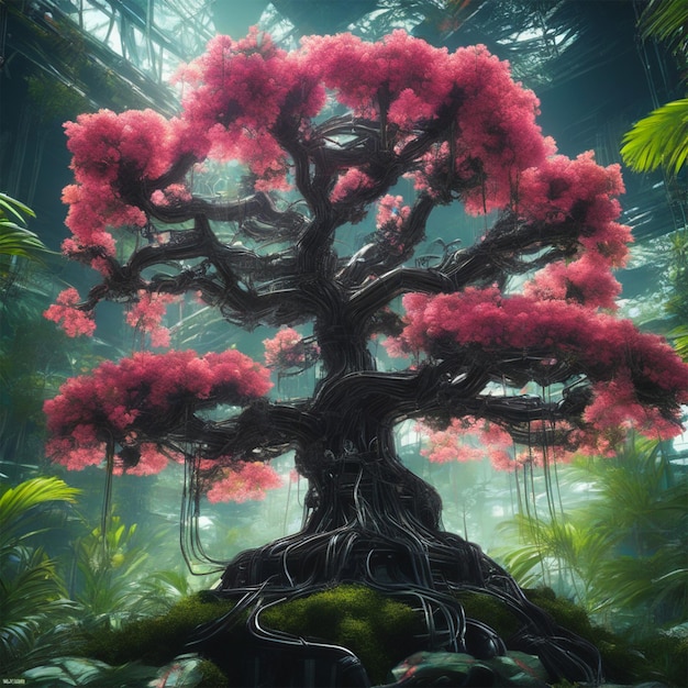 La fotografia dell'albero antico stile bonsai fatta di tubi tubi fili circuiti elettronici fiori