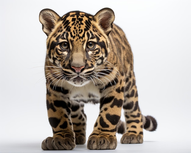 La fotografia minimalista del leopardo nebuloso ha isolato lo sfondo bianco