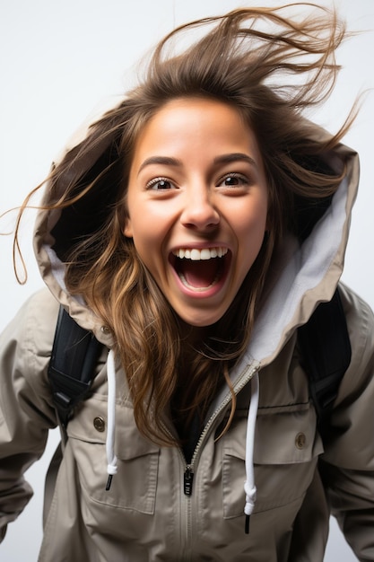 La fotografia minimalista della ragazza adolescente con l'espressione eccitata ha isolato lo sfondo bianco