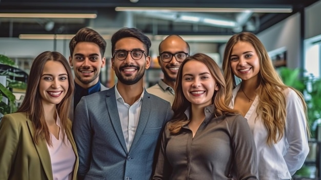 La fotografia mostra un team aziendale diversificato sorridente che posa per la fotocamera sul posto di lavoro GENERATE AI