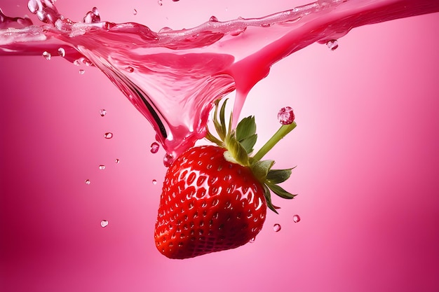 La fragola spruzza nell'acqua di latte rosa