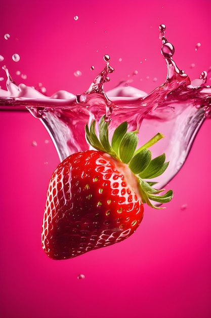 La fragola spruzza nell'acqua di latte rosa