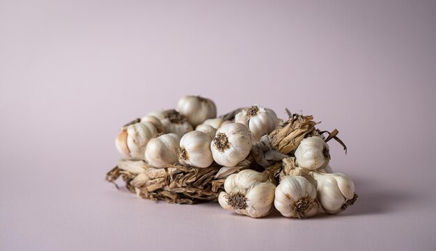 La fragrante corona di aglio si trova su sfondo chiaro Agricoltura e agricoltura