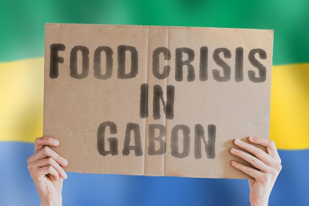 La frase Crisi alimentare in Gabon è su uno striscione nelle mani degli uomini con una bandiera gaboniana sfocata sullo sfondo Crisi Finanza Vita Nutrizione Pane Disastro Crollo Problema sociale