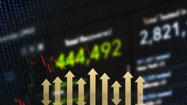 La freccia d'oro in alto sullo sfondo aziendale per il rendering 3d del concetto finanziario