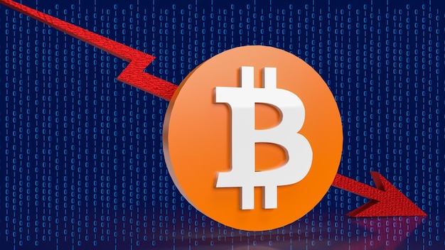 La freccia del simbolo bitcoin verso il basso sullo sfondo digitale per il rendering 3d del concetto di business