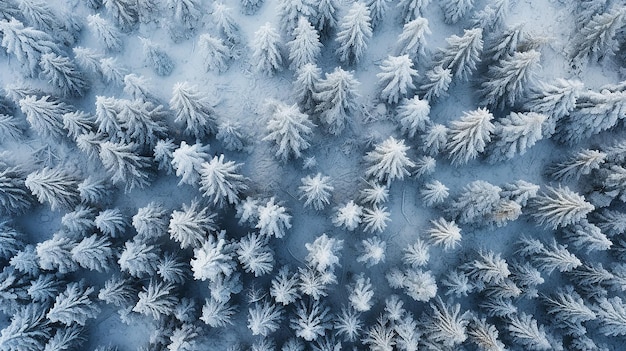 La fredda foresta di conifere del nord è coperta di gelo e neve il paesaggio è una vista aerea