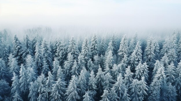 La fredda foresta di conifere del nord è coperta di gelo e neve il paesaggio è una vista aerea