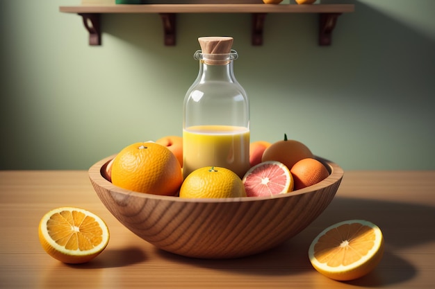 La frutta arancione e le bottiglie di bevande colorate sul tavolo sembrano molto gustose