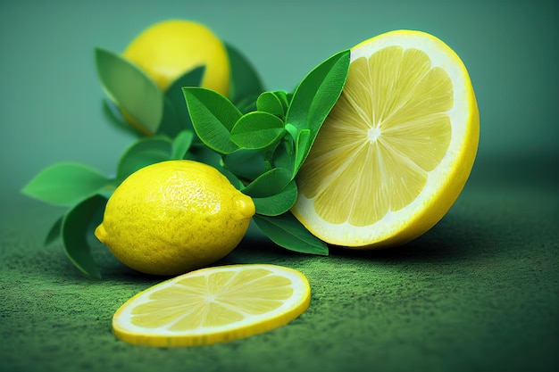 La frutta di limone naturale tagliata a metà e la foglia verde 3d rendono Illustrazione raster