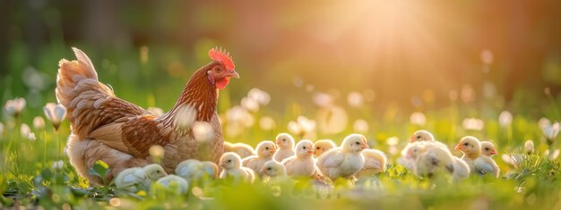 La gallina madre con i piccoli polli in un cortile rurale La gallina guida la sua cucciolata di piccoli polli nel paddoc verde