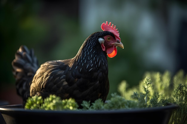 La gallina nera è seduta al centro appollaiata su un cesto