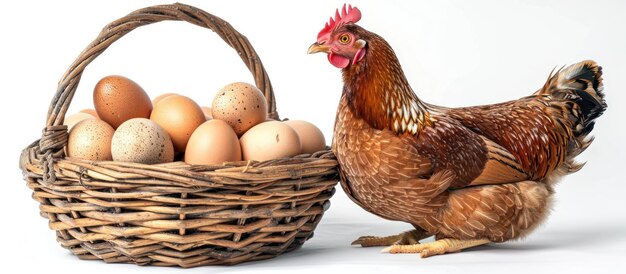 La gallina si trova accanto al cesto delle uova