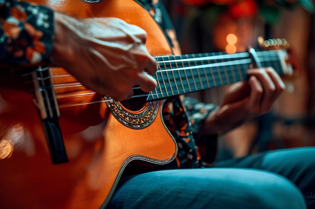 La gamba di un uomo tocca le corde di una chitarra arancione