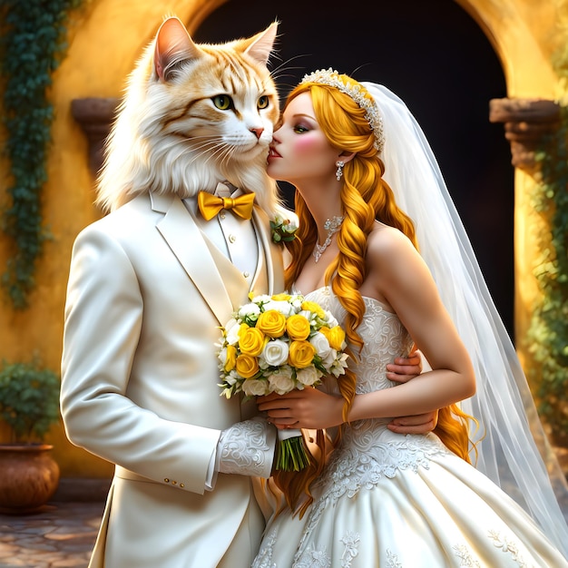 La gatta della sposa con i lunghi capelli gialli e il gatto dello sposo con la pelliccia bianca incontaminata si scambiarono i voti.