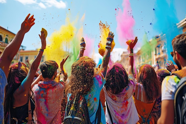 La gente alza le mani in alto spruzzate di polveri Holi vibranti sullo sfondo del cielo blu