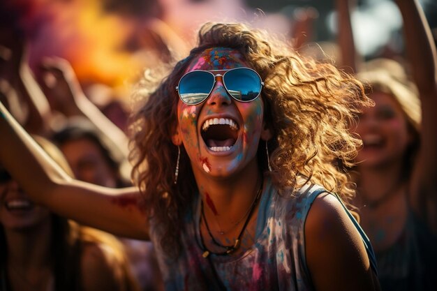 La gente balla, acclama e celebra un festival estivo, ride e si diverte.